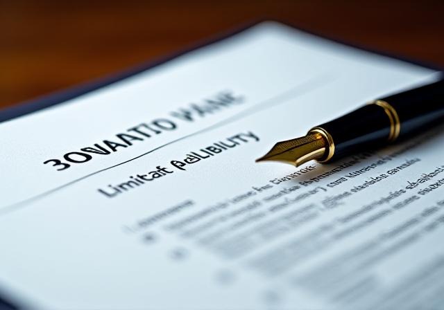 Close up of a legal contract with a gold pen focusing on liability clauses