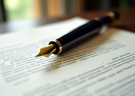 Close up of a luxury fountain pen resting on a signed legal document